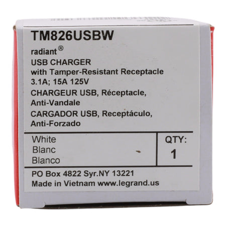 Legrand radiant TM826USBW 15A 3.1A USB-A TR Outlet - Image 2