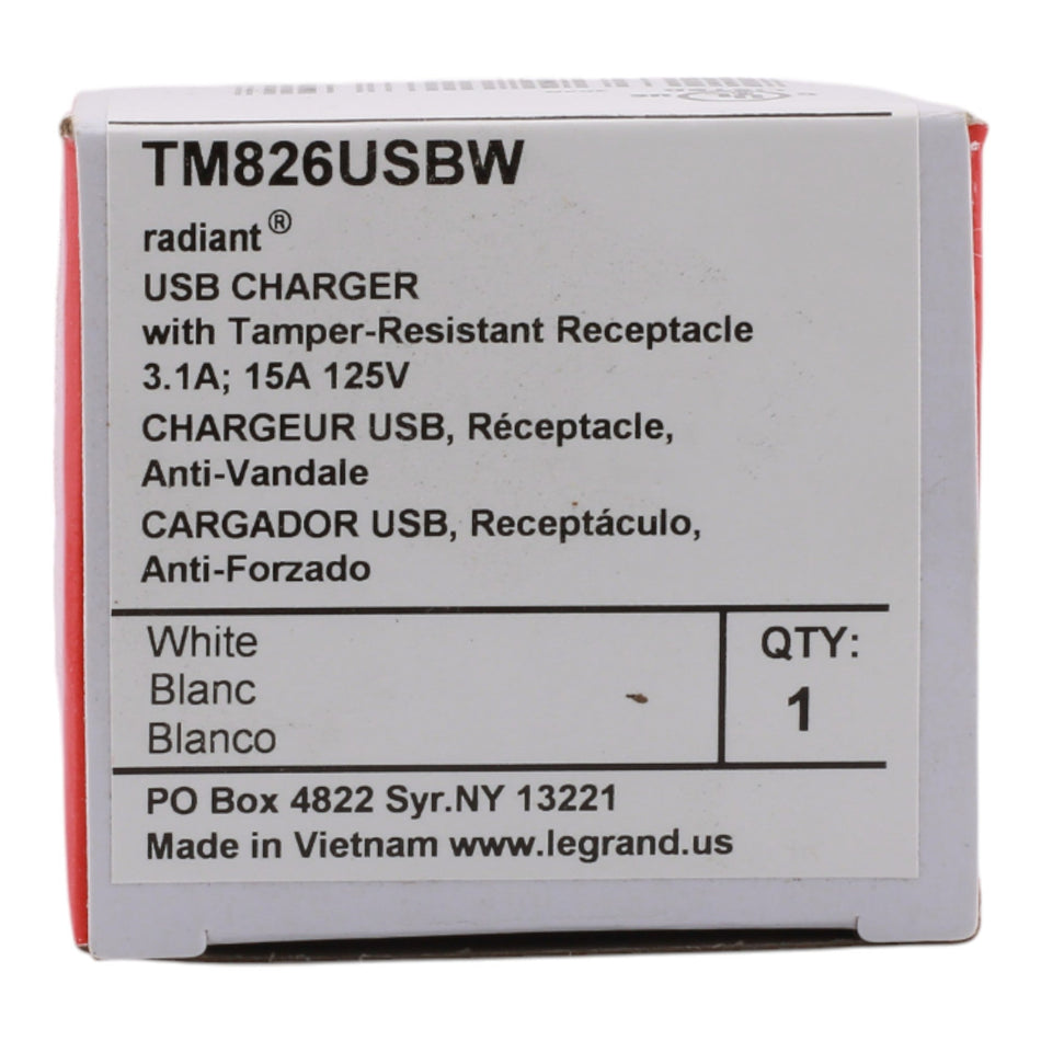 Legrand radiant TM826USBW 15A 3.1A USB-A TR Outlet - Image 2