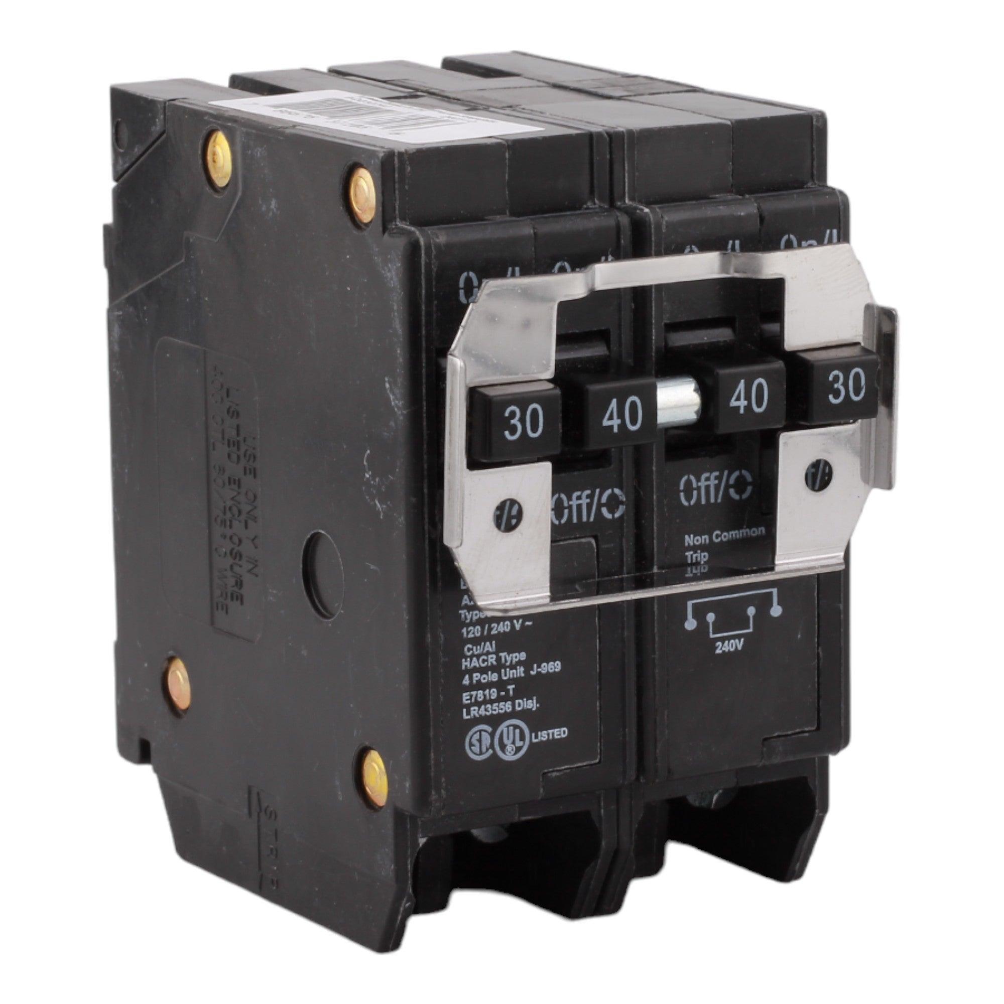 Eaton BQ230240, 30A/40A, 120/240V, 4-Pole, 10kA, Thermal Magnetic Circuit Breaker, Plug-On, for Type BR Load Centers