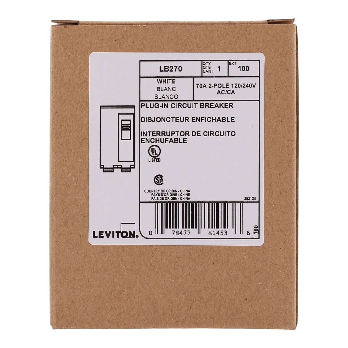 Leviton LB270 70A 2P 120/240V Hydraulic Magnetic Standard Circuit Breaker - Image 3