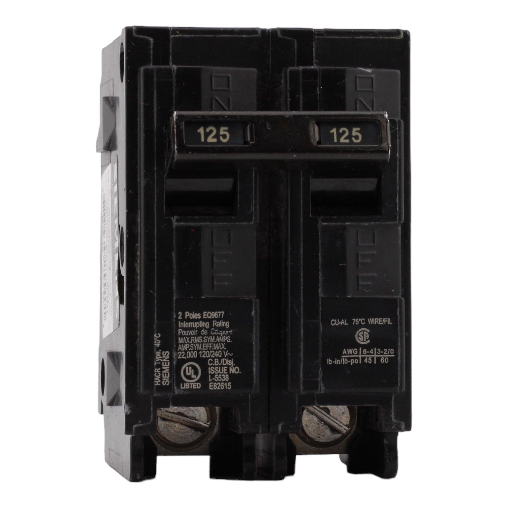 Siemens EQ9677 125 Amp Double Pole Circuit Breaker, Thermal Magnetic Trip, 240V, Plug-In, UL Listed - Image 2