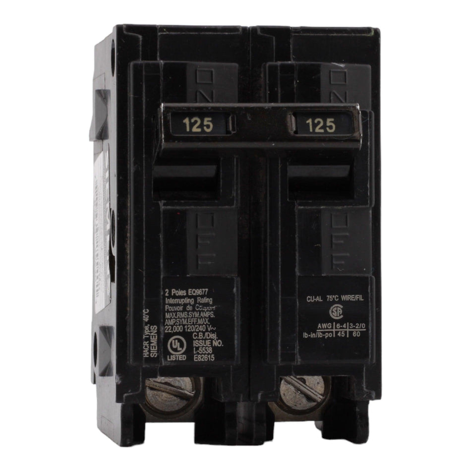 Siemens EQ9677 125 Amp Double Pole Circuit Breaker, Thermal Magnetic Trip, 240V, Plug-In, UL Listed - Image 2