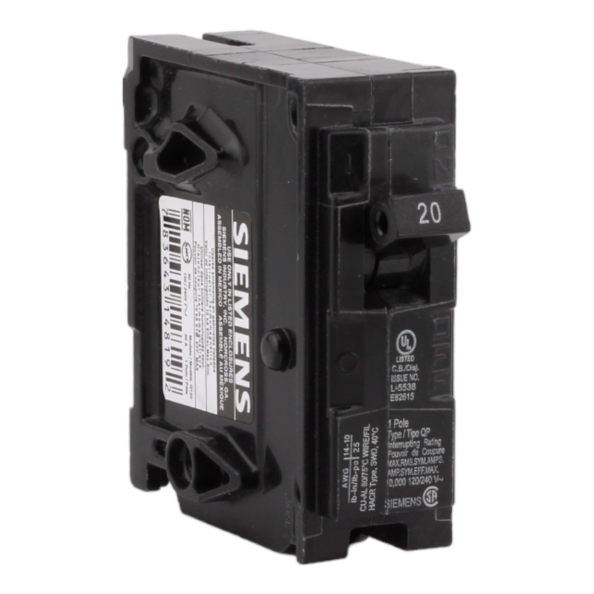 Siemens Q120 20 Amps 120 Volts Single Pole Thermal Magnetic Circuit Breaker, Plug-In Mount, Compatible with Siemens QP Panels