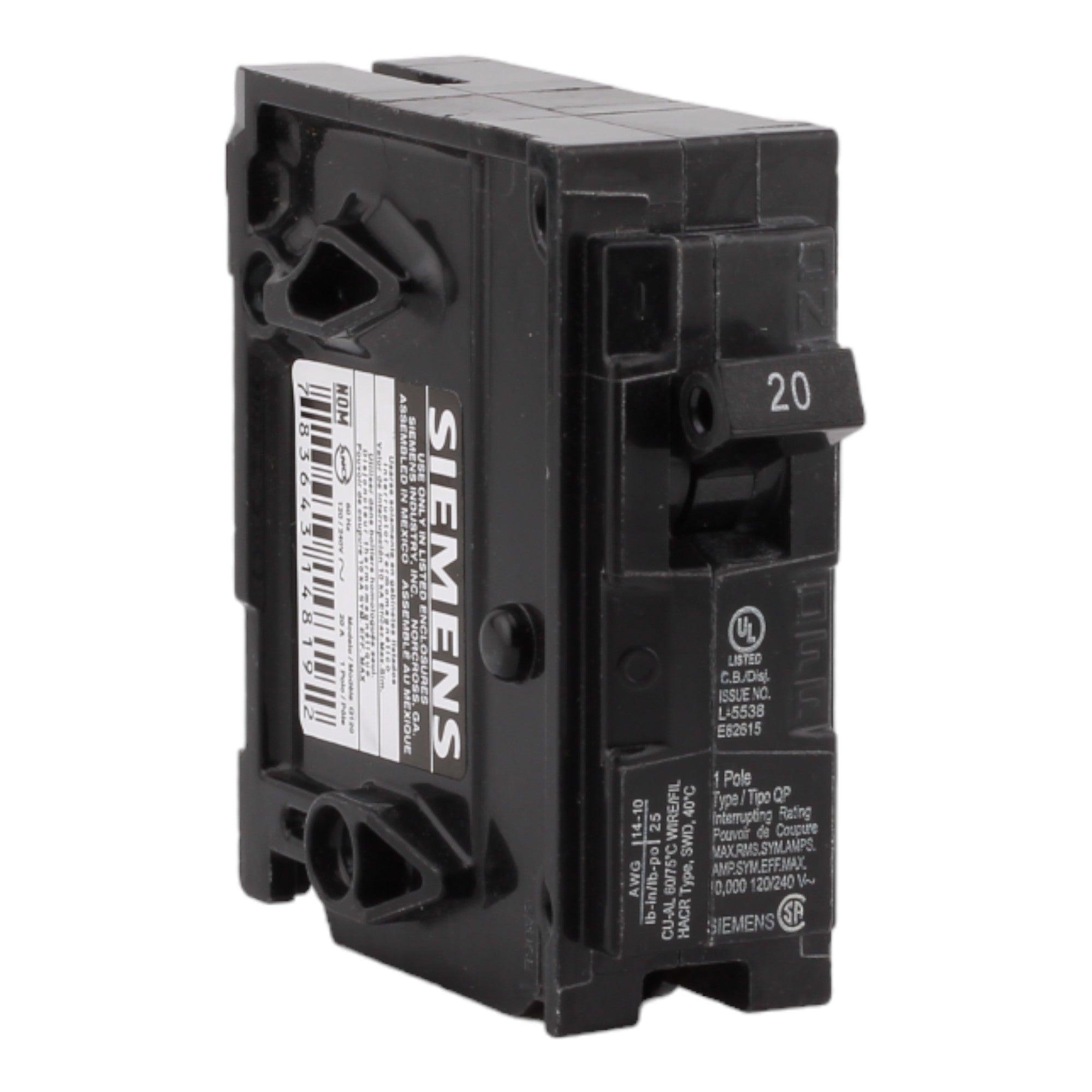 Siemens Q120 20 Amps 120 Volts Single Pole Thermal Magnetic Circuit Breaker, Plug-In Mount, Compatible with Siemens QP Panels