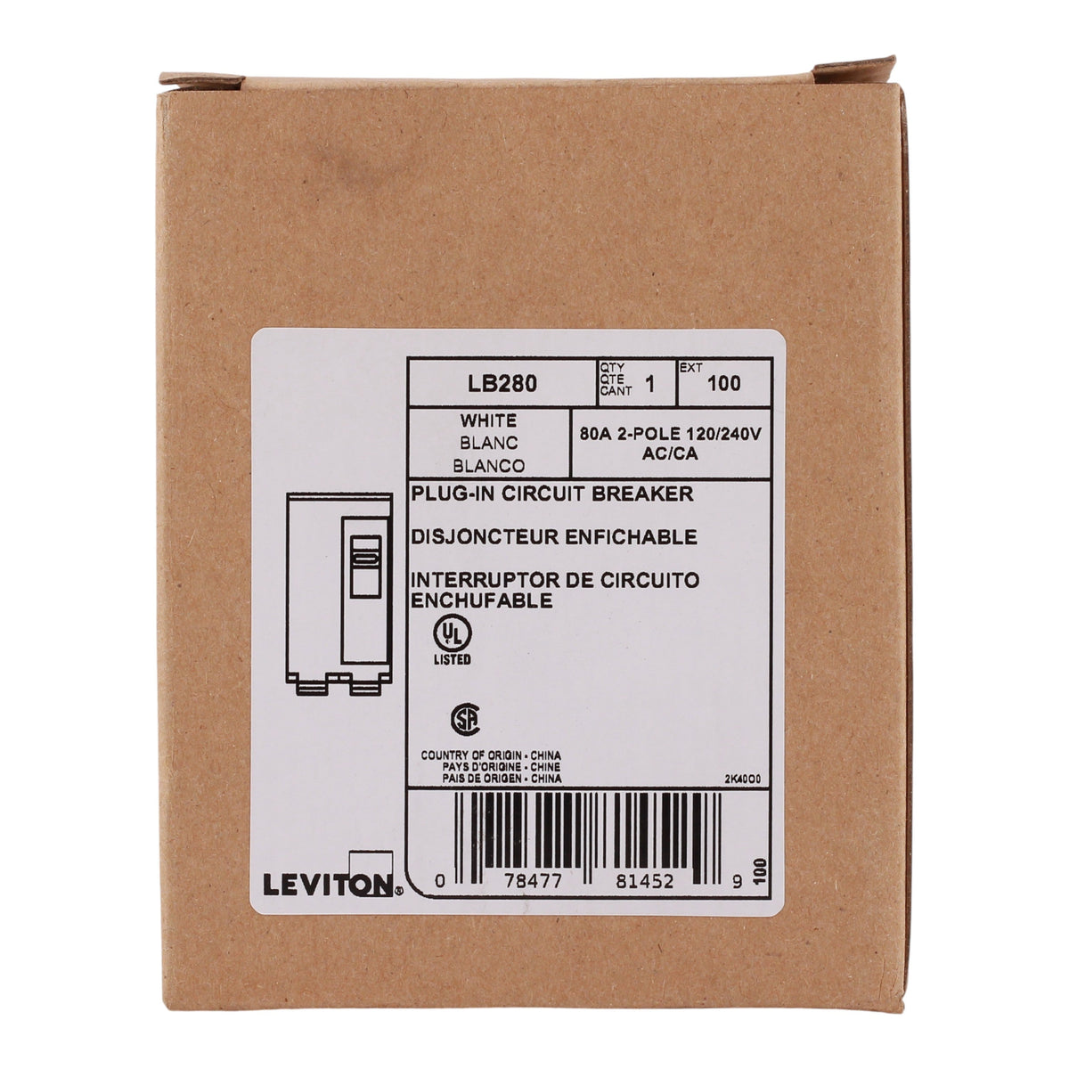 Leviton LB280 80A 2P 120/240V Standard Hydraulic Magnetic Circuit Breaker - Image 3