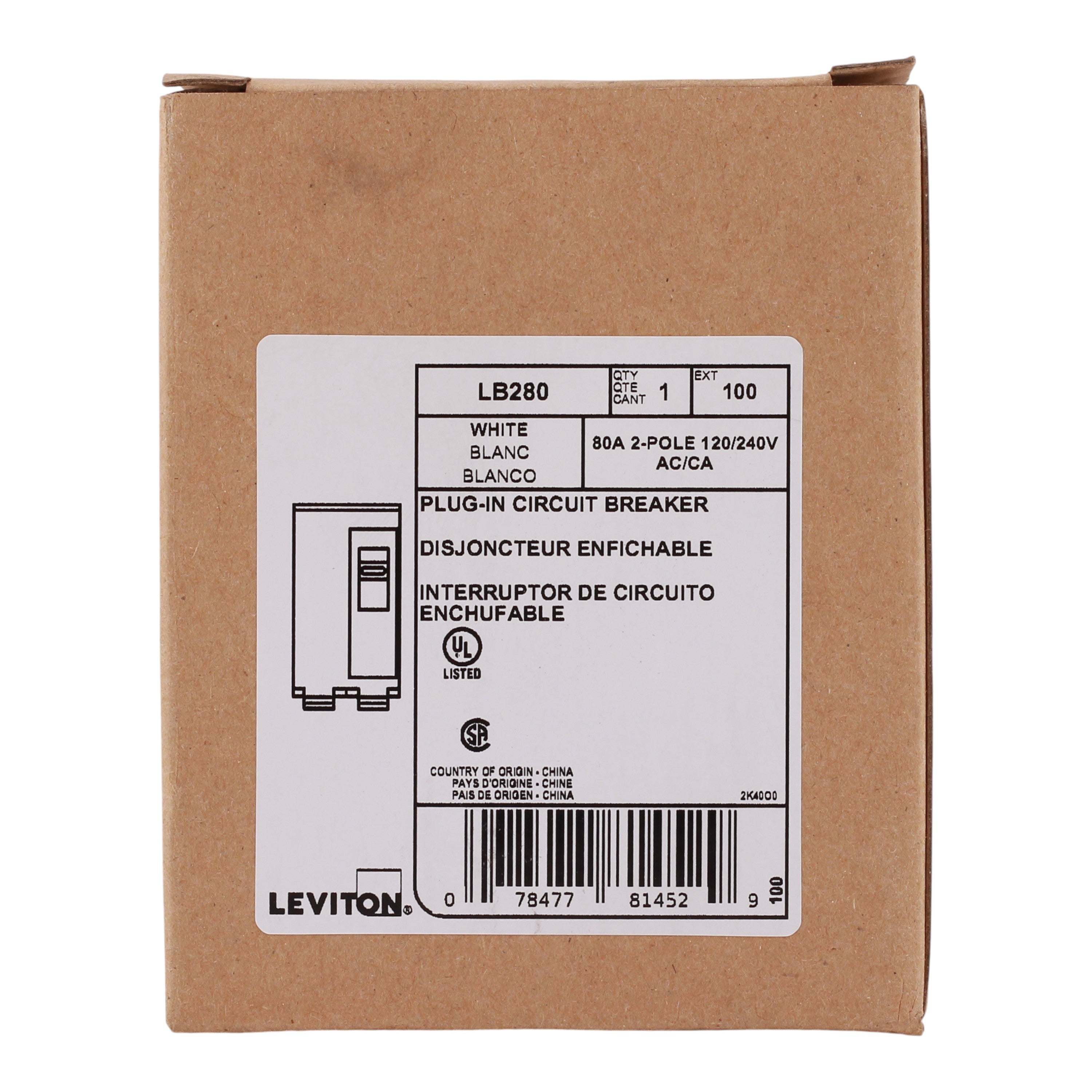 Leviton LB280 80A 2P 120/240V Standard Hydraulic Magnetic Circuit Breaker - Image 3