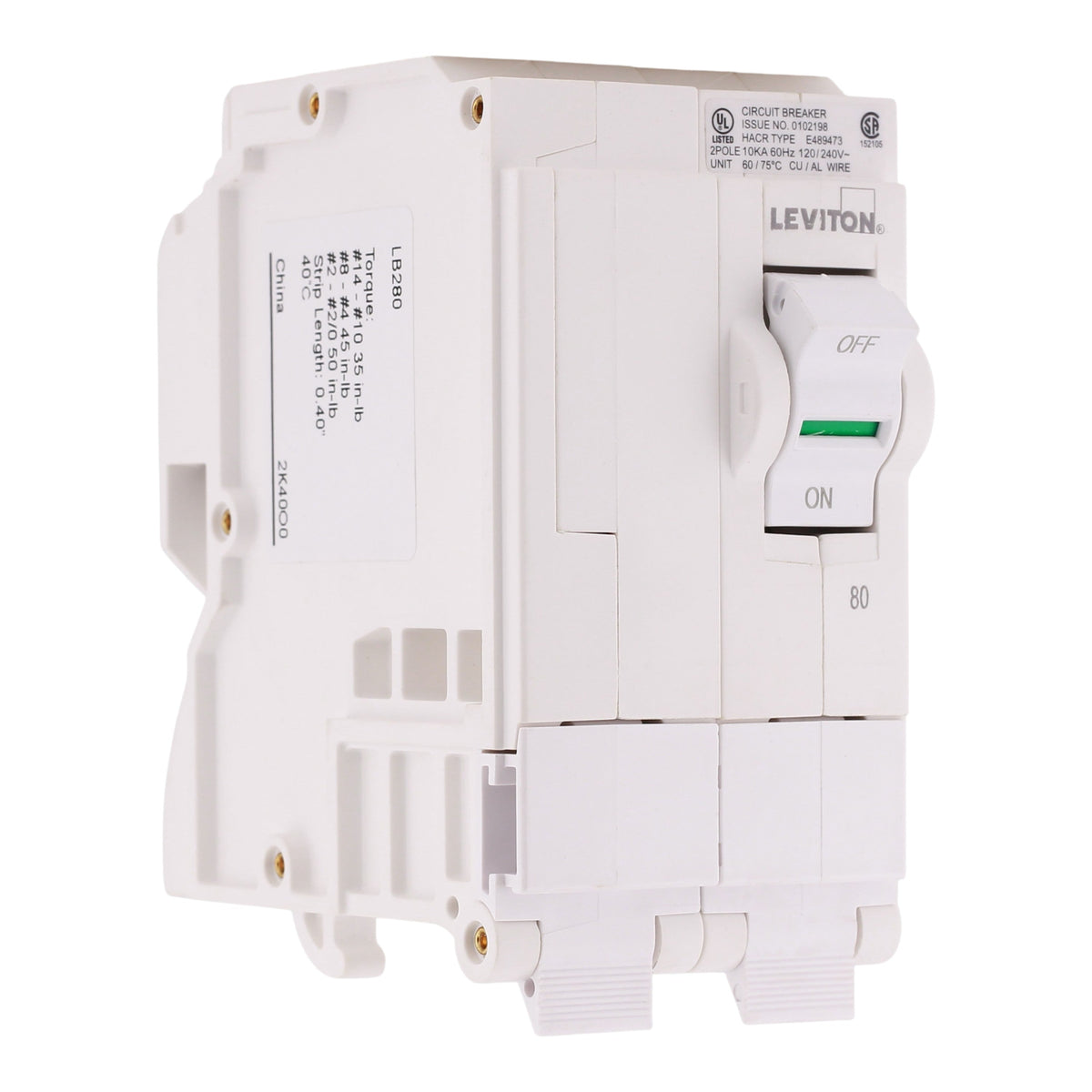 Leviton LB280 80A 2P 120/240V Standard Hydraulic Magnetic Circuit Breaker
