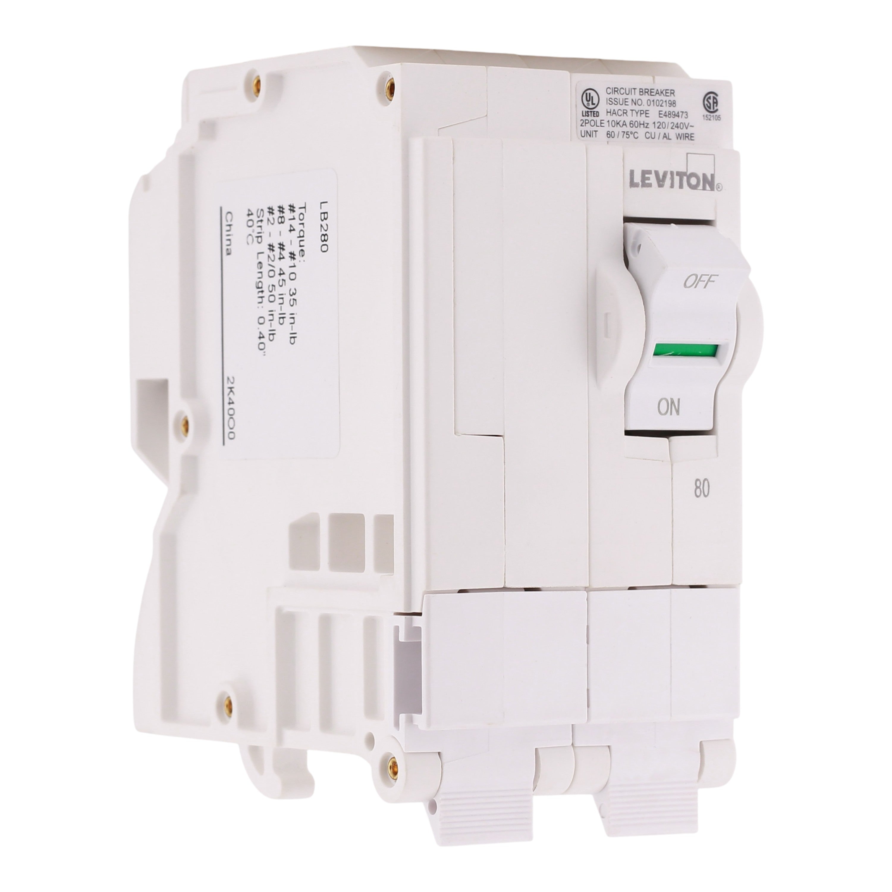 Leviton LB280 80A 2P 120/240V Standard Hydraulic Magnetic Circuit Breaker