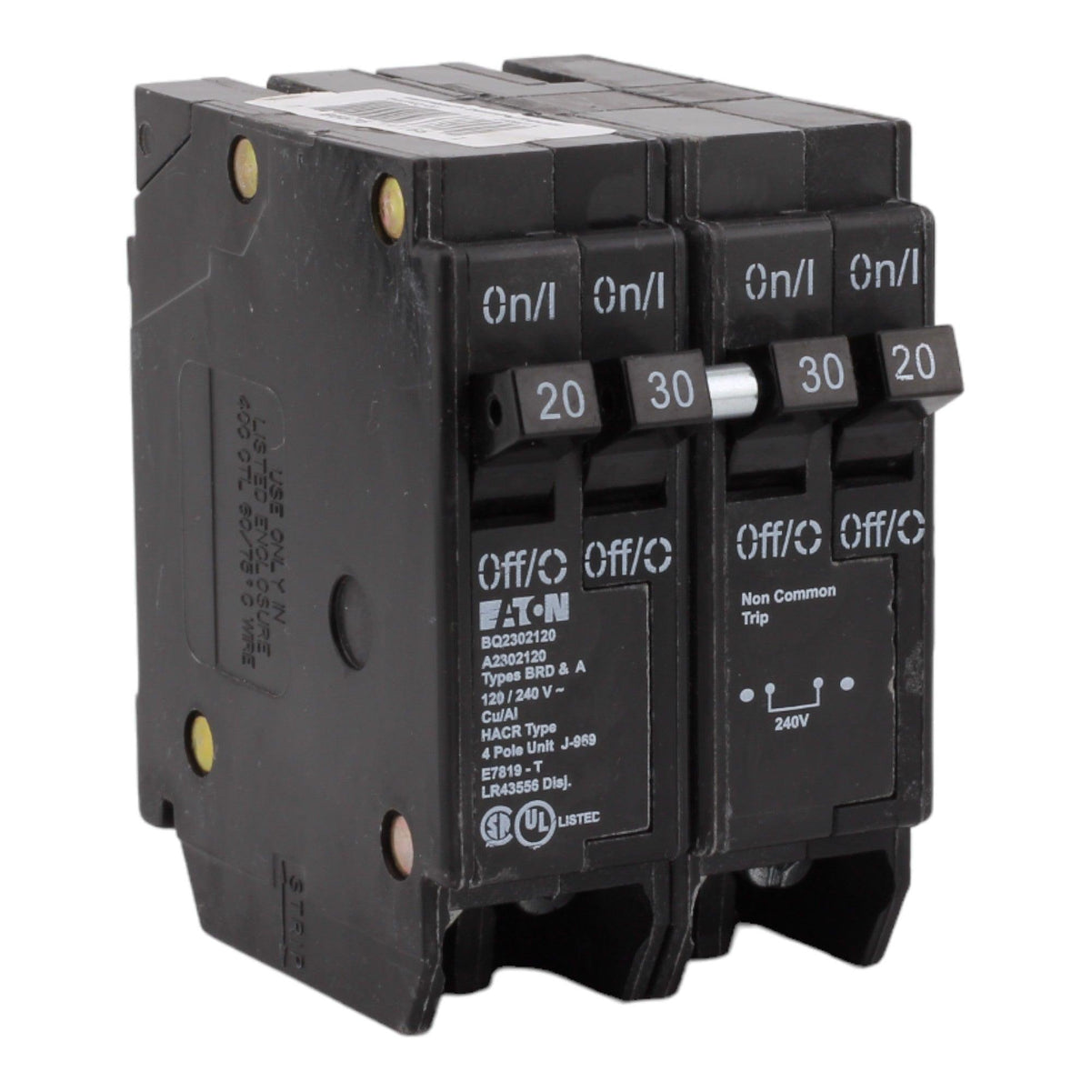 Eaton BQ2302120, (2) 20A & (1) 30A, 120/240V, 4-Pole, 10kAIC, Thermal Magnetic Circuit Breaker, Rejection Tab, for Type BR Load Centers