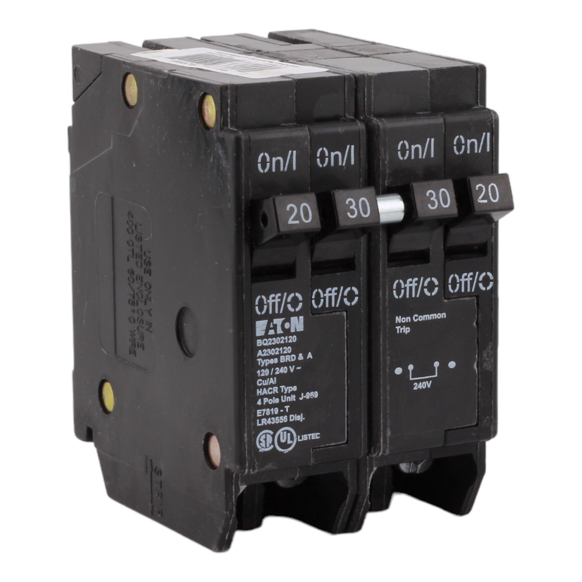 Eaton BQ2302120, (2) 20A & (1) 30A, 120/240V, 4-Pole, 10kAIC, Thermal Magnetic Circuit Breaker, Rejection Tab, for Type BR Load Centers