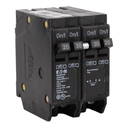 Eaton BQ2302120, (2) 20A & (1) 30A, 120/240V, 4-Pole, 10kAIC, Thermal Magnetic Circuit Breaker, Rejection Tab, for Type BR Load Centers