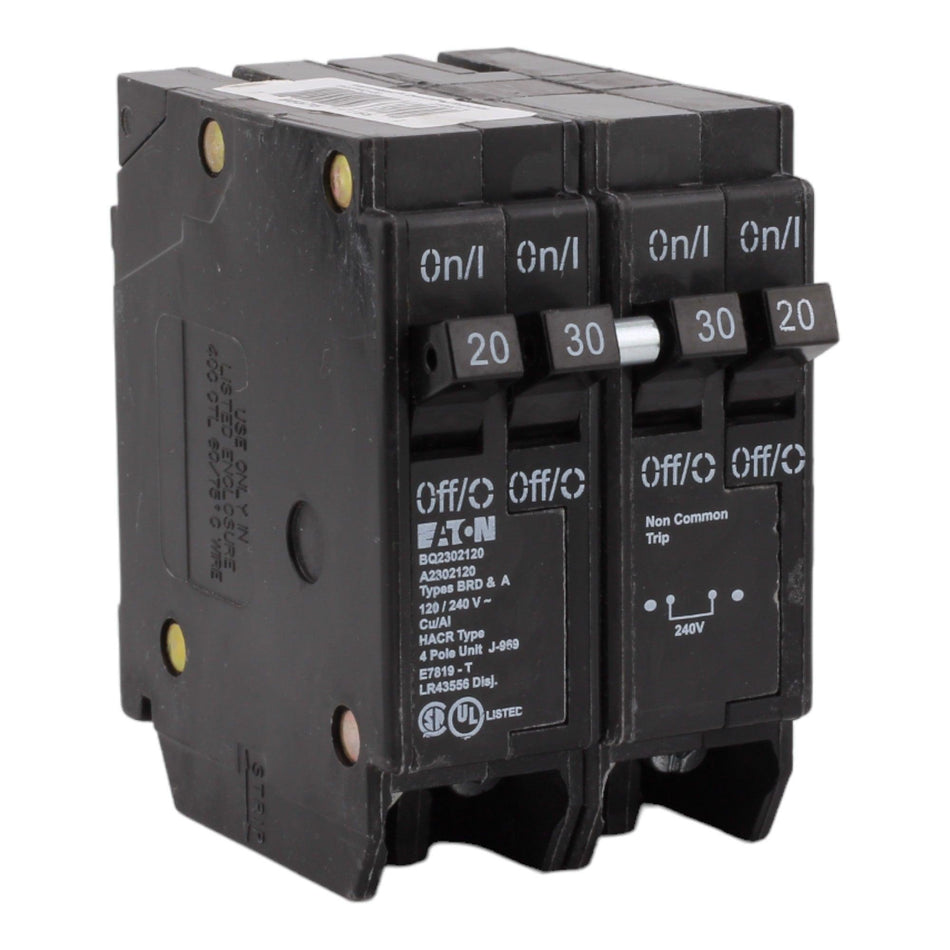 Eaton BQ2302120, (2) 20A & (1) 30A, 120/240V, 4-Pole, 10kAIC, Thermal Magnetic Circuit Breaker, Rejection Tab, for Type BR Load Centers