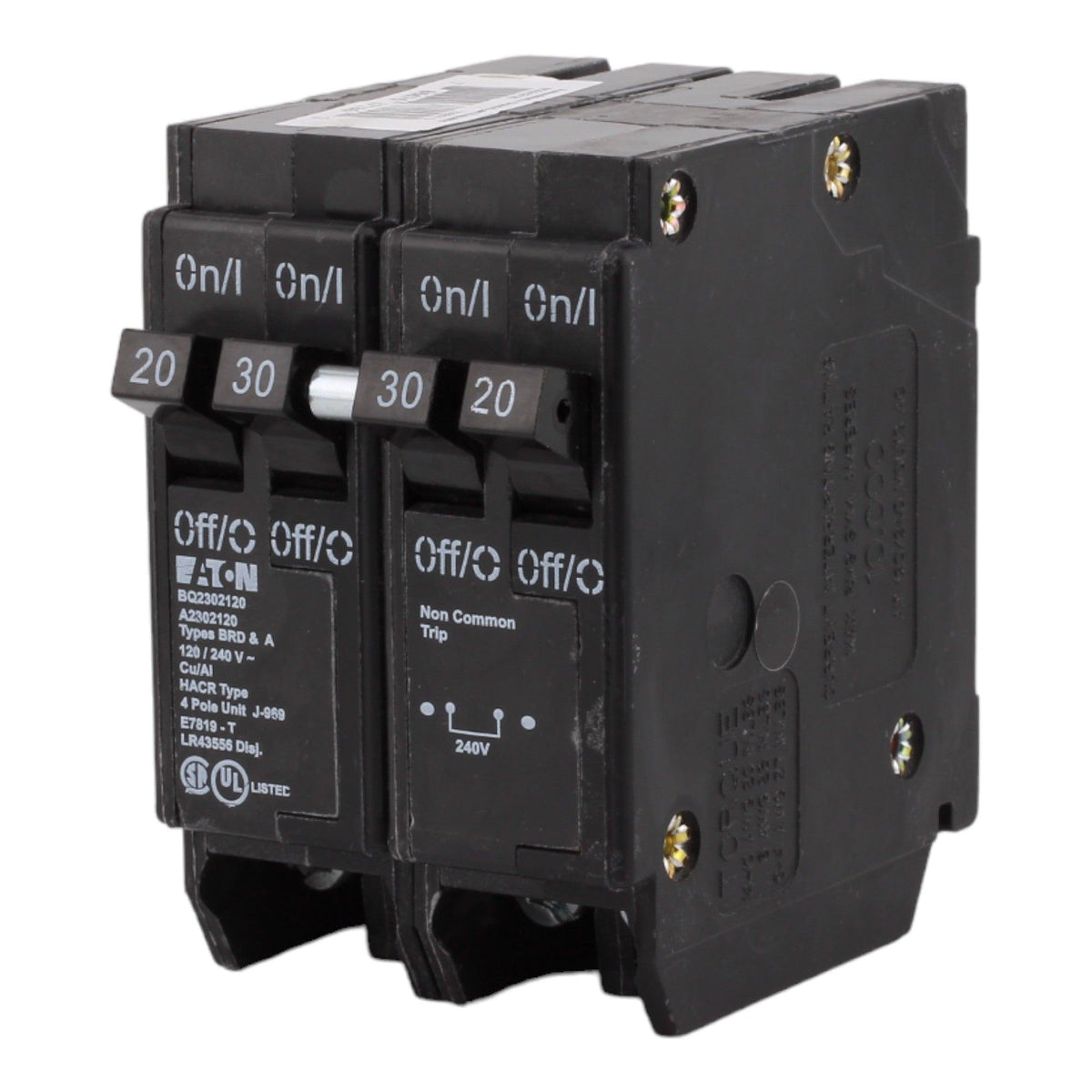 Eaton BQ2302120, (2) 20A & (1) 30A, 120/240V, 4-Pole, 10kAIC, Thermal Magnetic Circuit Breaker, Rejection Tab, for Type BR Load Centers - Image 2