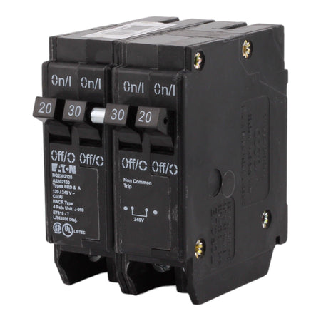 Eaton BQ2302120, (2) 20A & (1) 30A, 120/240V, 4-Pole, 10kAIC, Thermal Magnetic Circuit Breaker, Rejection Tab, for Type BR Load Centers - Image 2