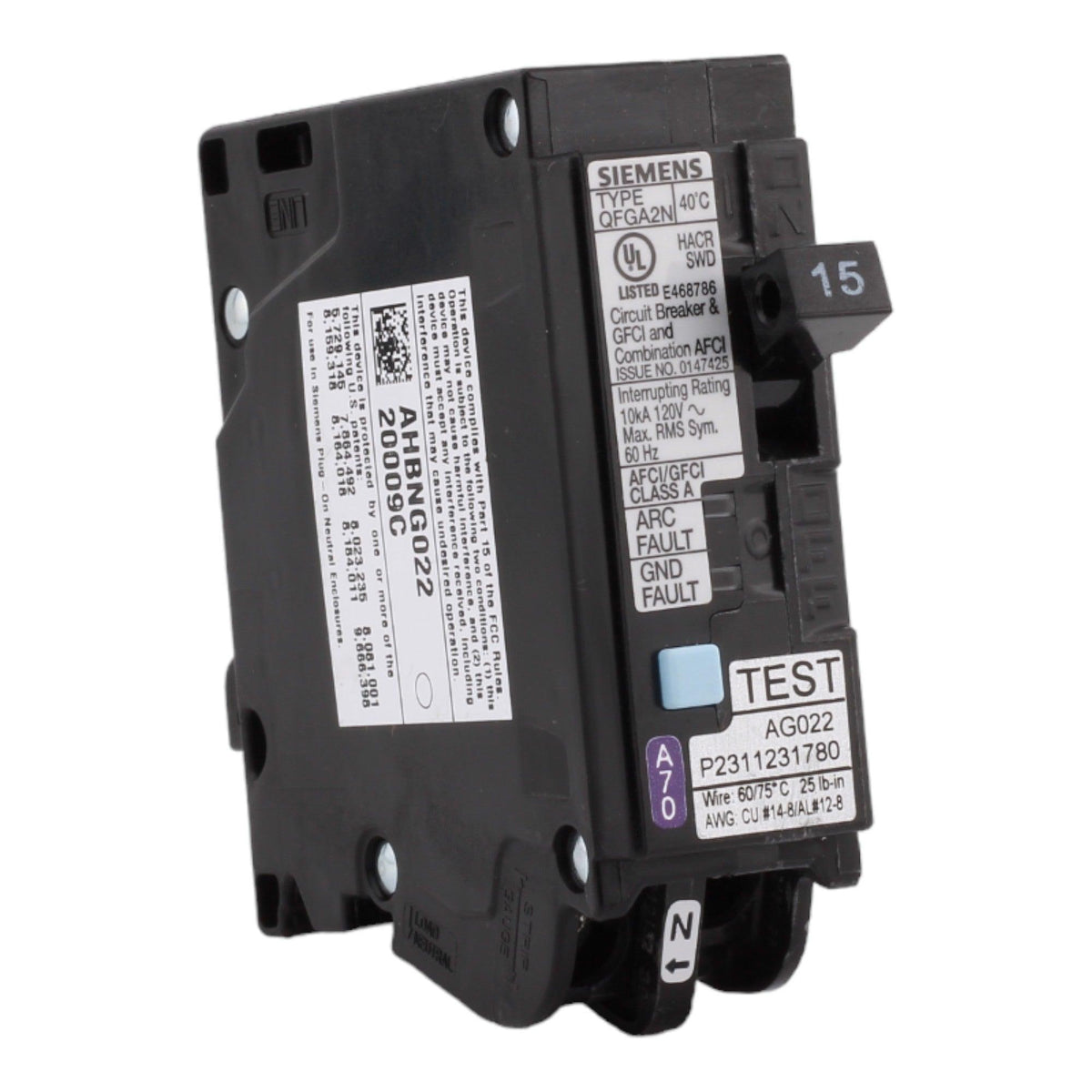 Siemens Q115DFN, 15 Amp, 120 Volt, Single Pole, Dual Function Circuit Breaker, AFCI/GFCI Protection, Plug-On Neutral, For Siemens Loadcenters