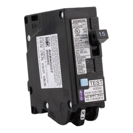 Siemens Q115DFN, 15 Amp, 120 Volt, Single Pole, Dual Function Circuit Breaker, AFCI/GFCI Protection, Plug-On Neutral, For Siemens Loadcenters