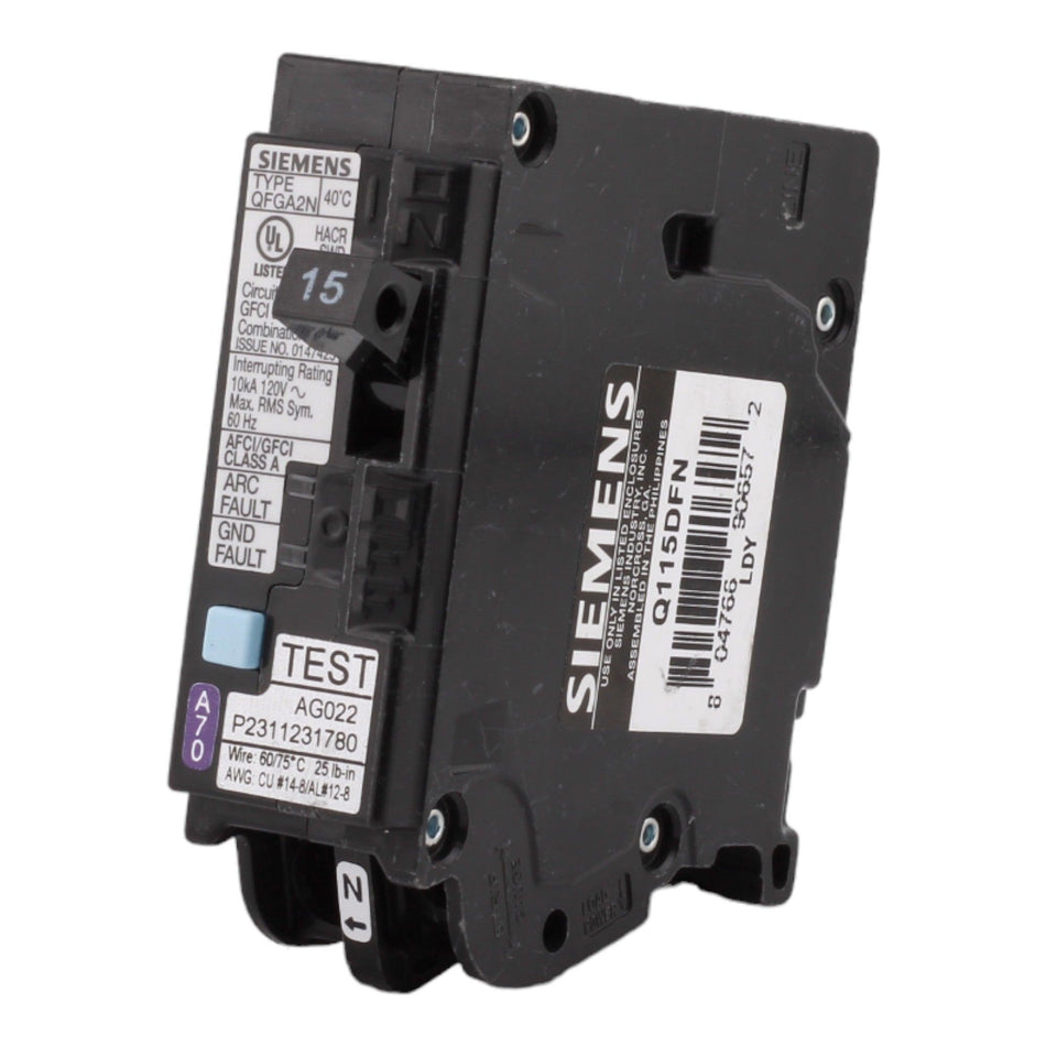 Siemens Q115DFN, 15 Amp, 120 Volt, Single Pole, Dual Function Circuit Breaker, AFCI/GFCI Protection, Plug-On Neutral, For Siemens Loadcenters - Image 2