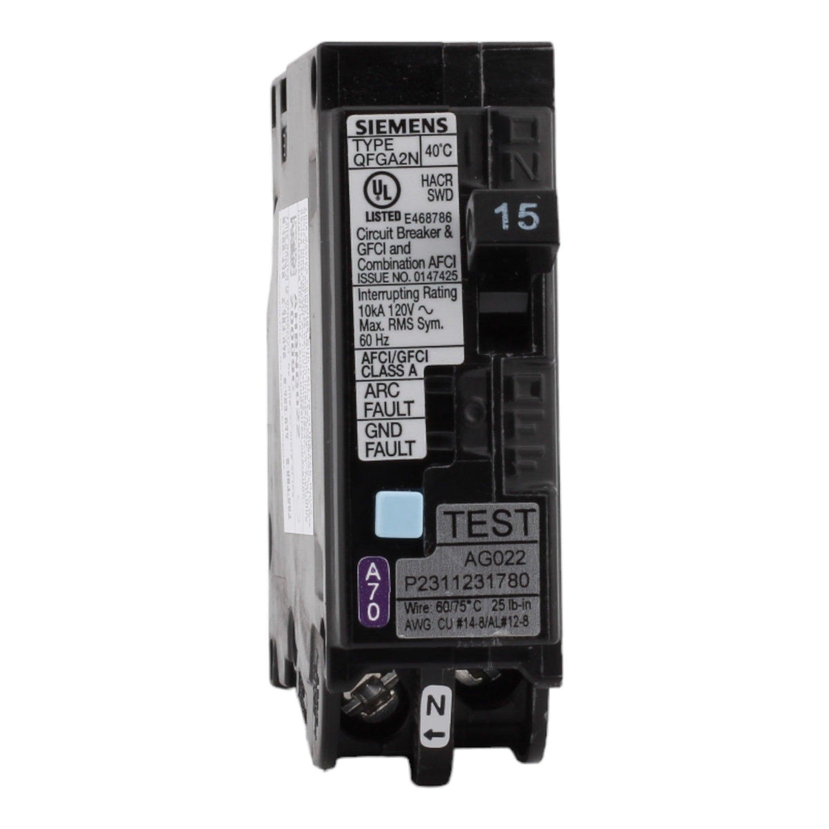 Siemens QFGA2N, Q115DFNCSA, 15A, 1P, 120V, Dual Function AFCI/GFCI, Plug-On Neutral, Circuit Breaker - Image 3