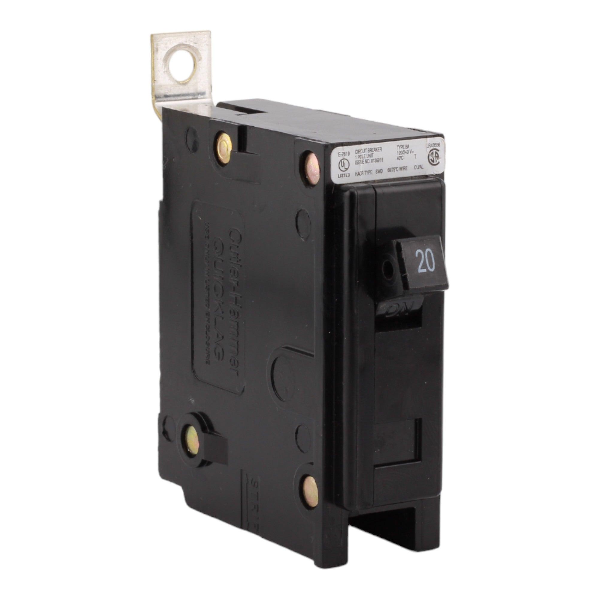 Eaton BAB1020, 20A, 120/240V, 1-Pole, 10kA, Thermal Magnetic Circuit Breaker, Bolt-On, for Load Centers & Panels