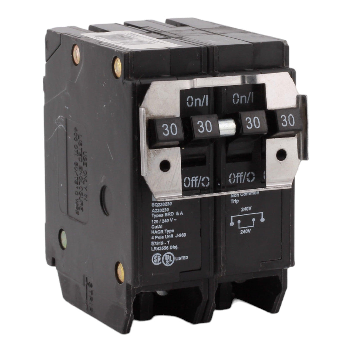 Eaton BR, BQC230230, (2) 30A, 4P, 120/240V, Quadplex, Plug-On, Circuit Breaker