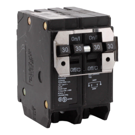 Eaton BR, BQC230230, (2) 30A, 4P, 120/240V, Quadplex, Plug-On, Circuit Breaker