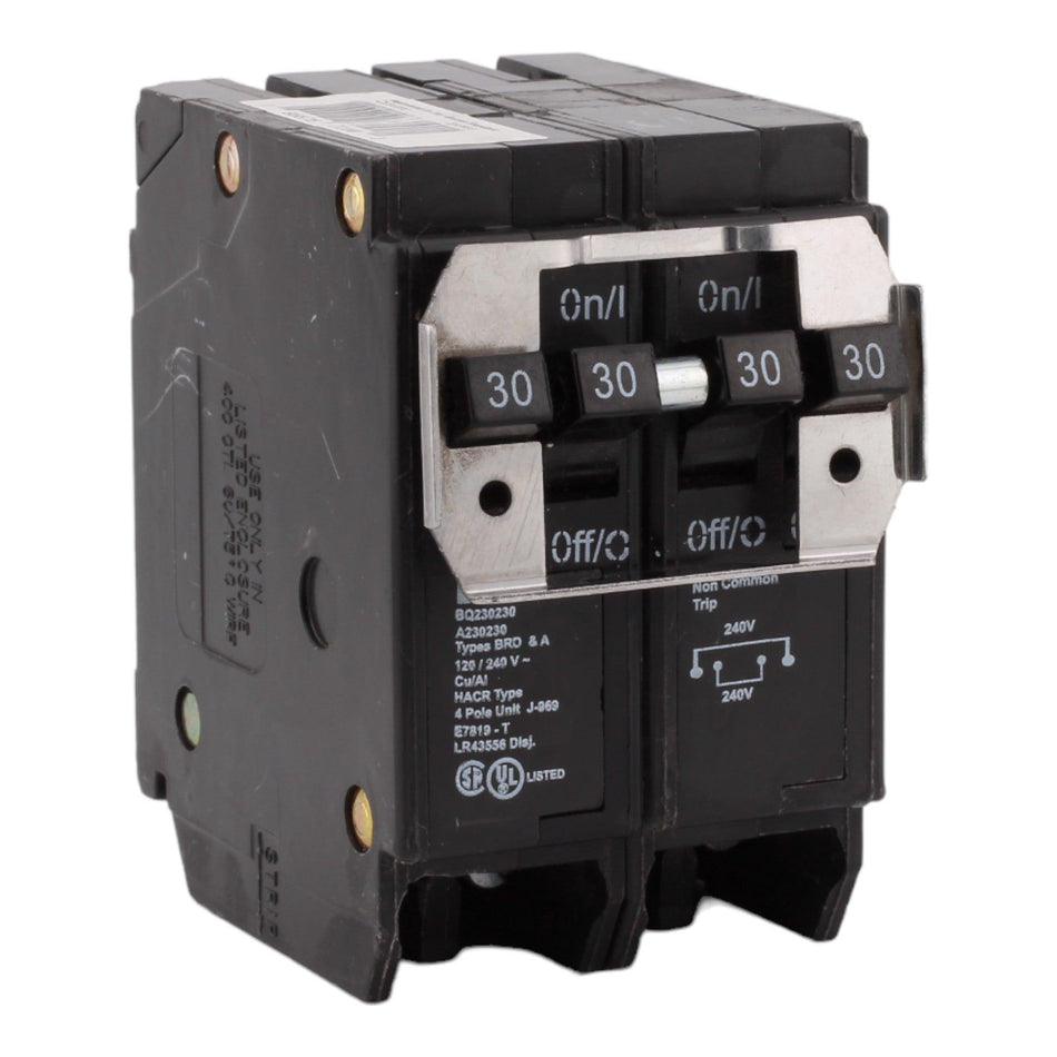 Eaton BR, BQC230230, (2) 30A, 4P, 120/240V, Quadplex, Plug-On, Circuit Breaker