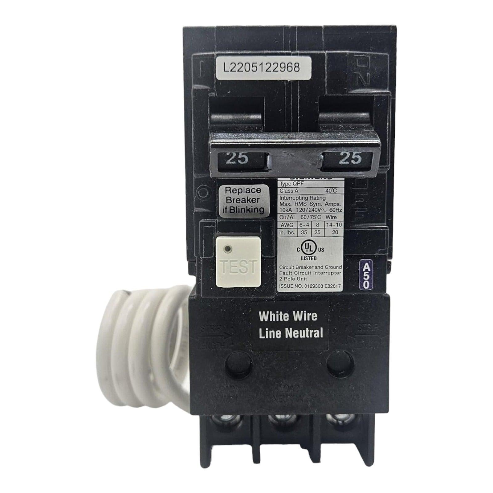 Siemens QF225A 25A 2P 120/240V GFCI Pigtail Neutral Circuit Breaker