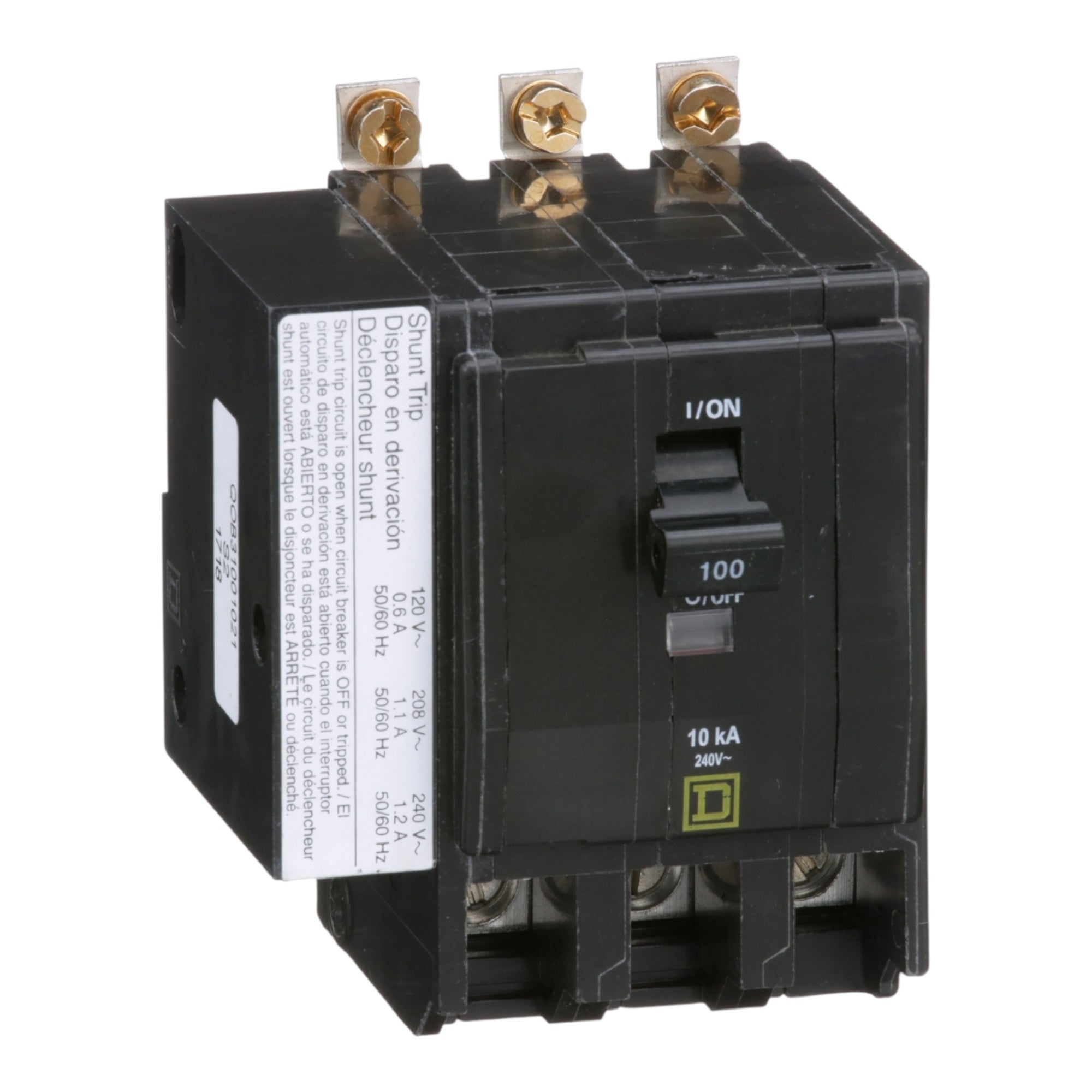 Square D, QO, QOB31001021, 100A, 3P, 120/240V, 10kA, Thermal Magnetic Shunt Trip, Bolt-On, Circuit Breaker