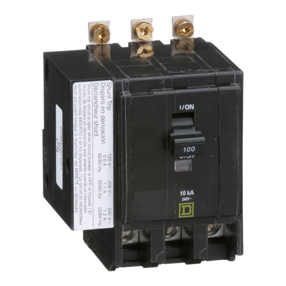Square D, QO, QOB31001021, 100A, 3P, 120/240V, 10kA, Thermal Magnetic Shunt Trip, Bolt-On, Circuit Breaker