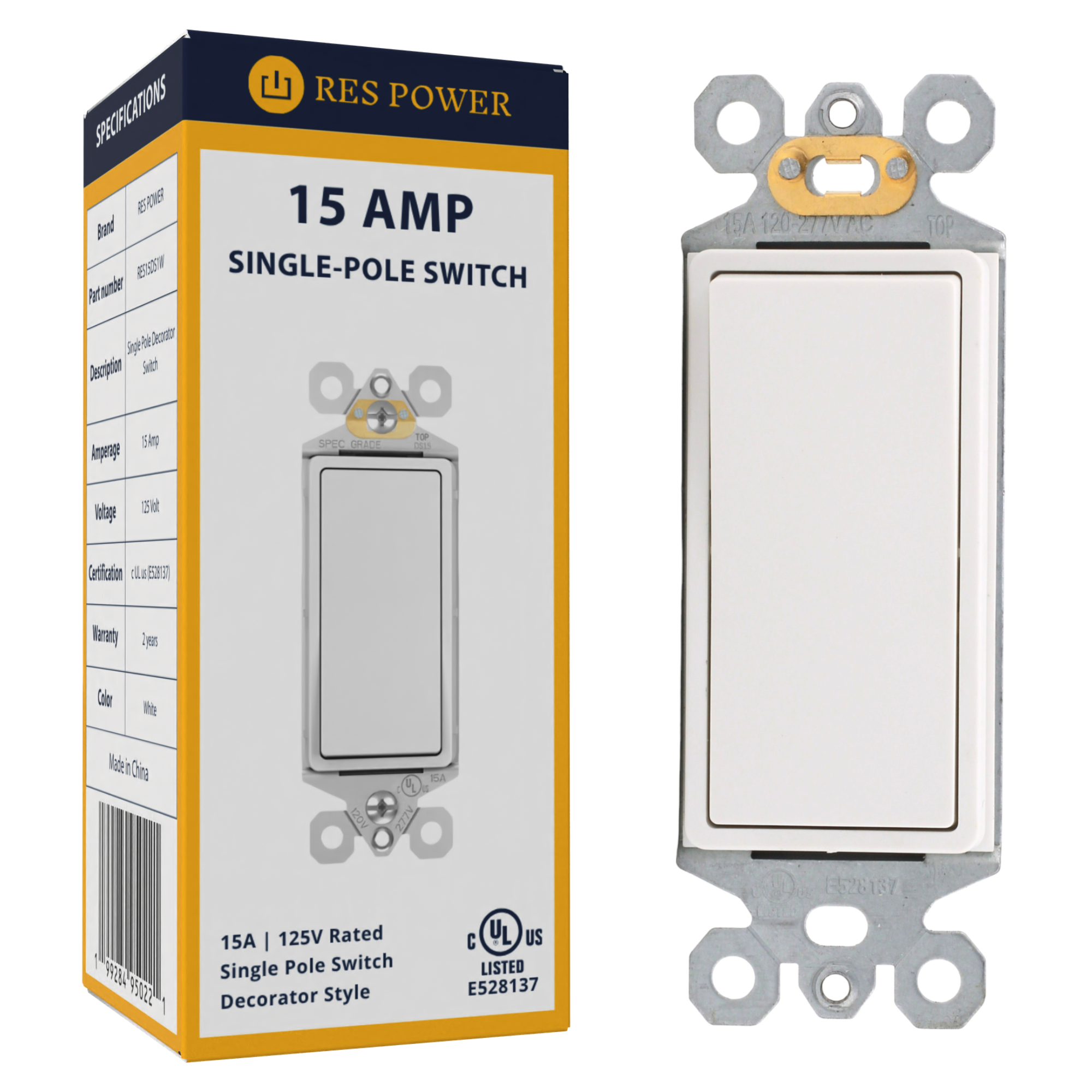 RES POWER 15A 125V Decorator Style Single-Pole Switch cULus Listed White