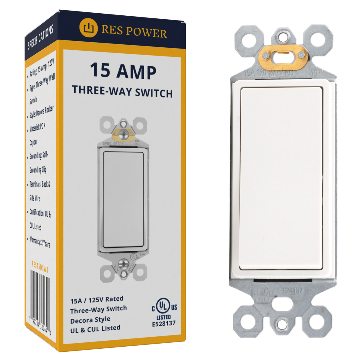 RES POWER 15A 125V Decorator Style Three Way Switch cULus Listed White
