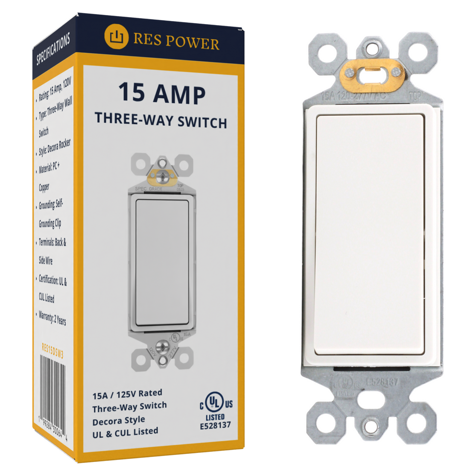 RES POWER 15A 125V Decorator Style Three Way Switch cULus Listed White