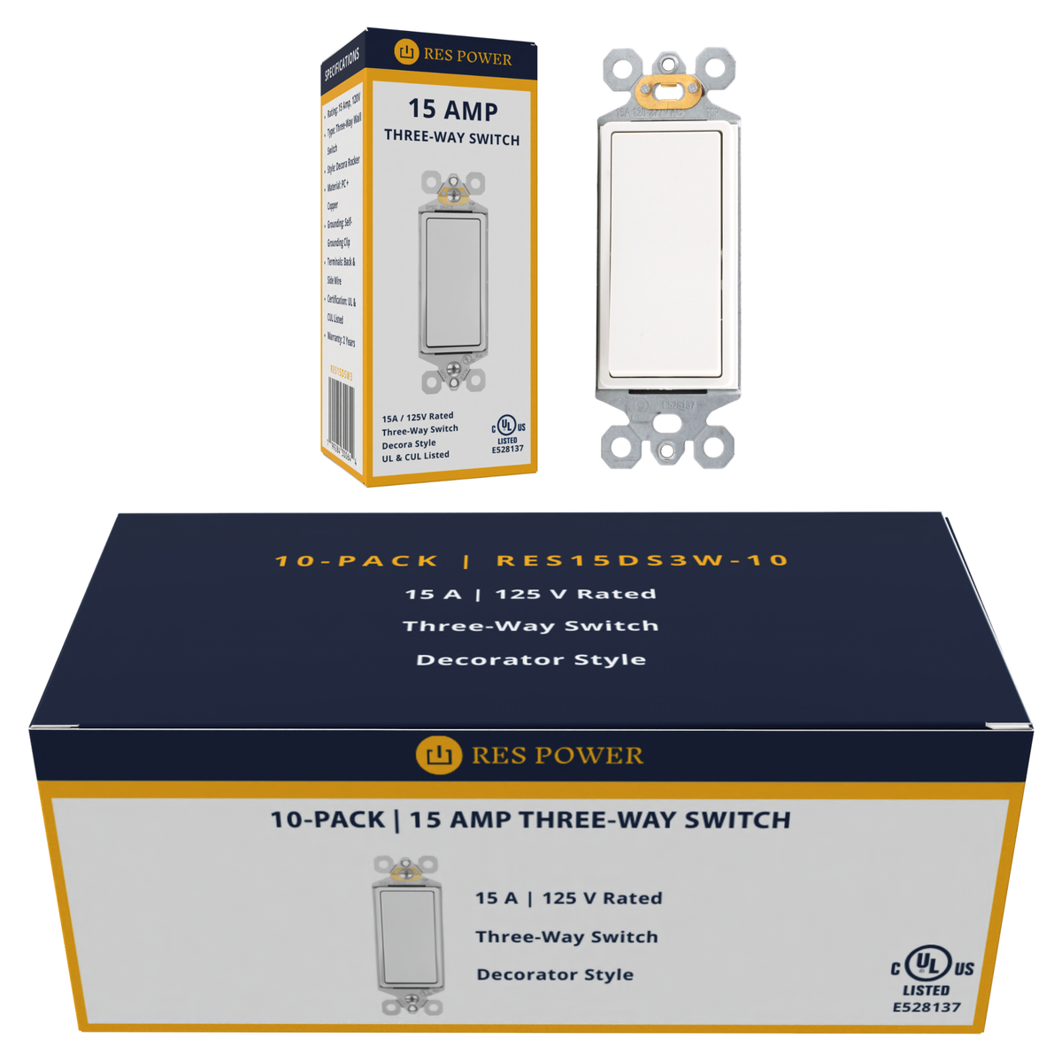 RES POWER 15A 125V Decorator Style Three Way Switch cULus Listed White - Image 7