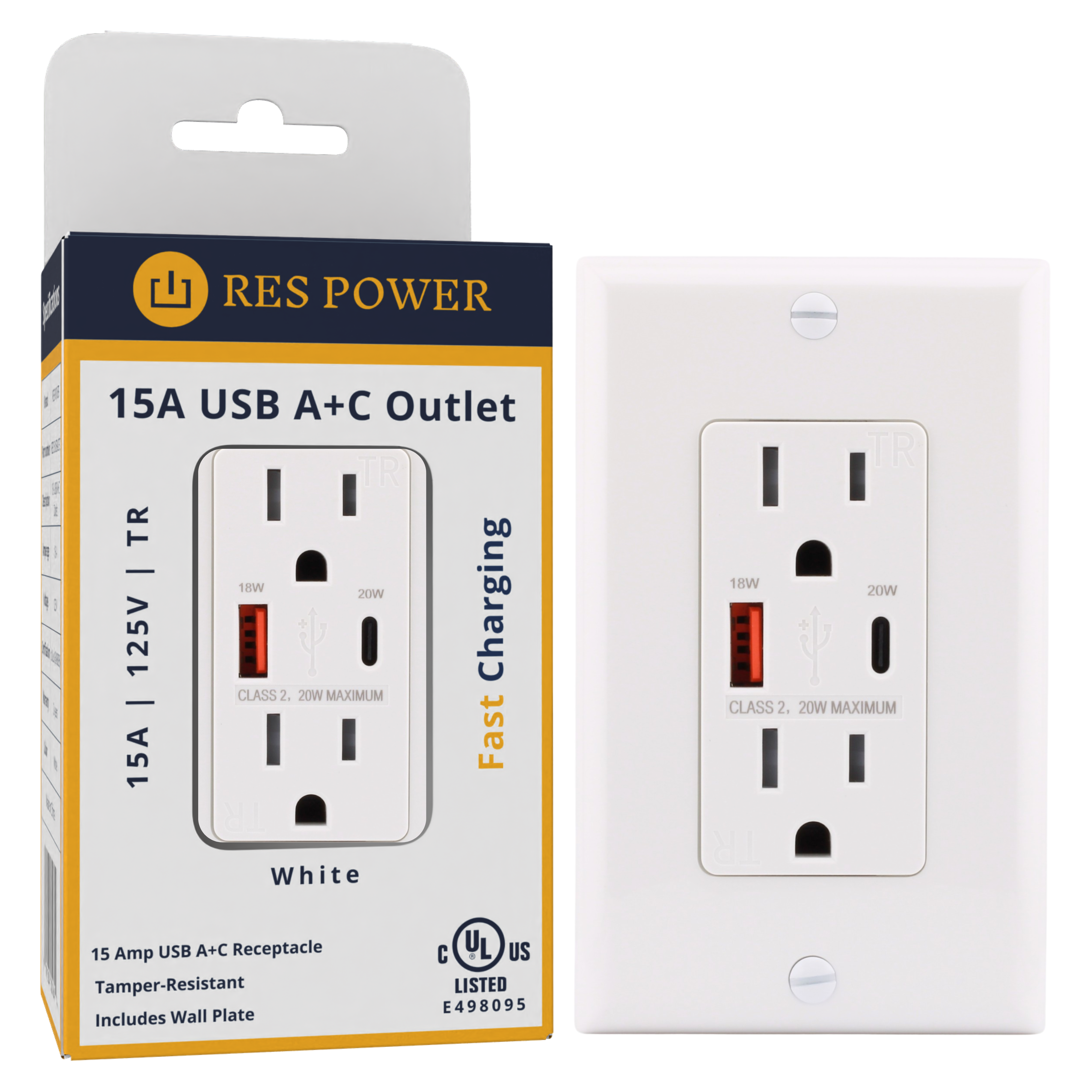 RES POWER 15A USB Outlet, Fast Charging, Type A/C, Tamper-Resistant, RES15USBACFC, White