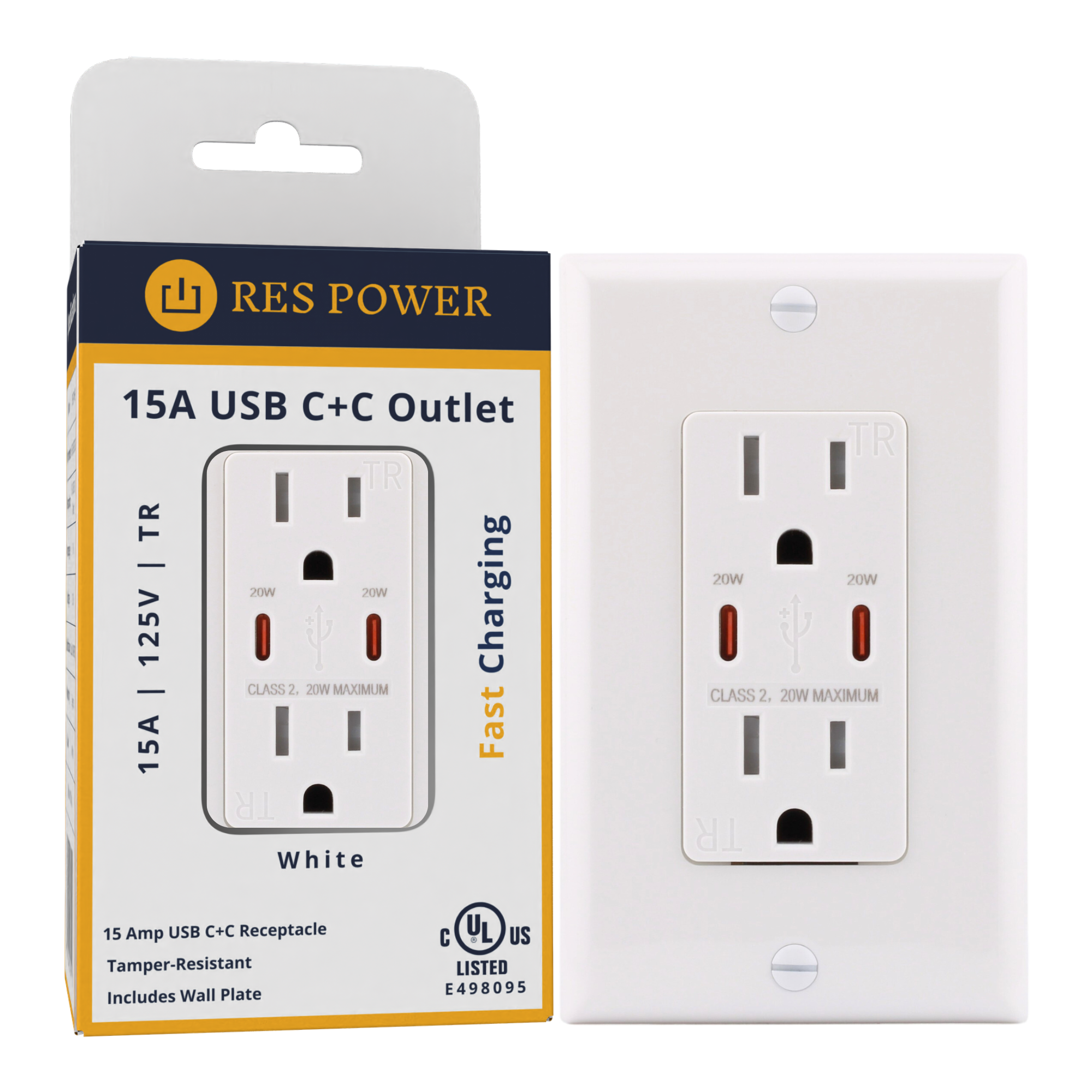 RES POWER 15A USB Outlet, Fast Charging, Type C/C, Tamper-Resistant, cULus Listed, White