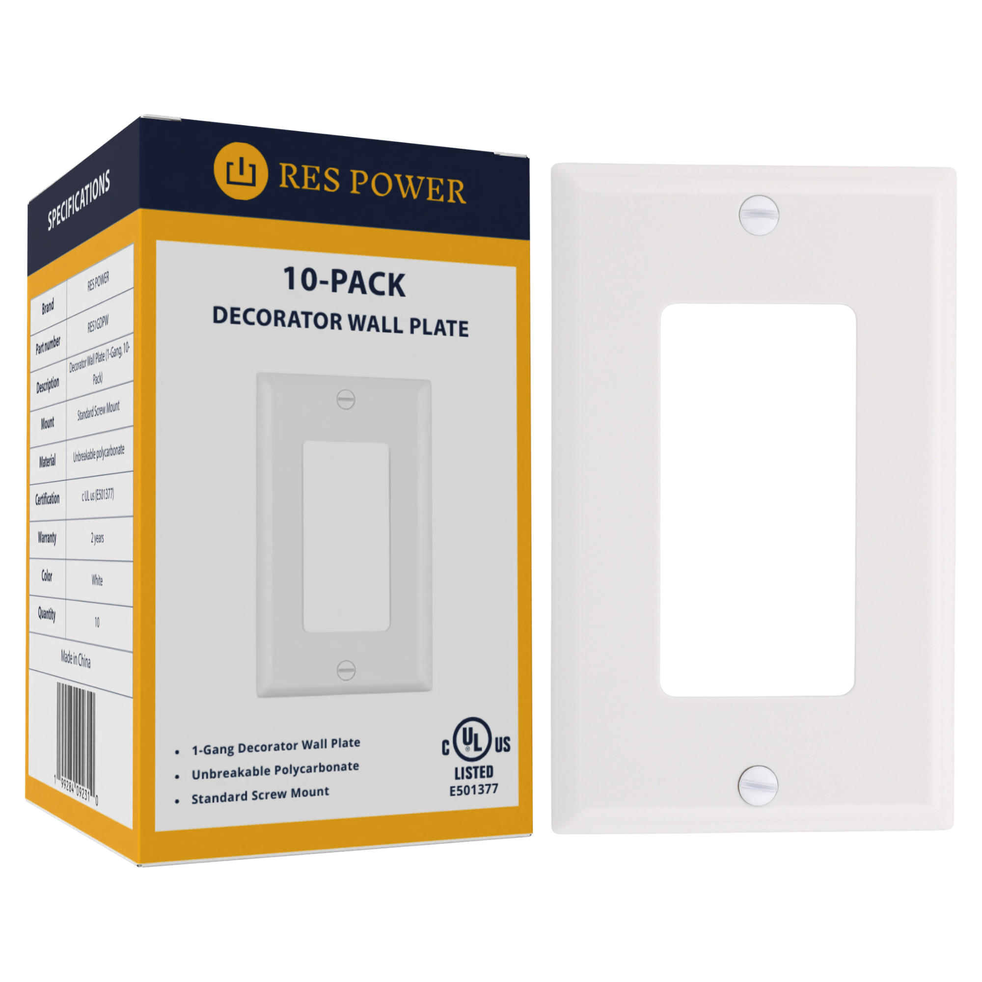 RES POWER Decorative Single Gang Wall Plate Unbreakable Polycarbonate cULus Listed White