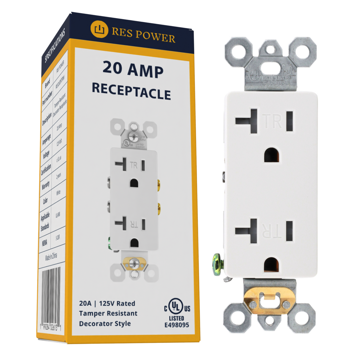 RES POWER 20A 125V Tamper-Resistant Decorator Duplex Receptacle cULus Listed White