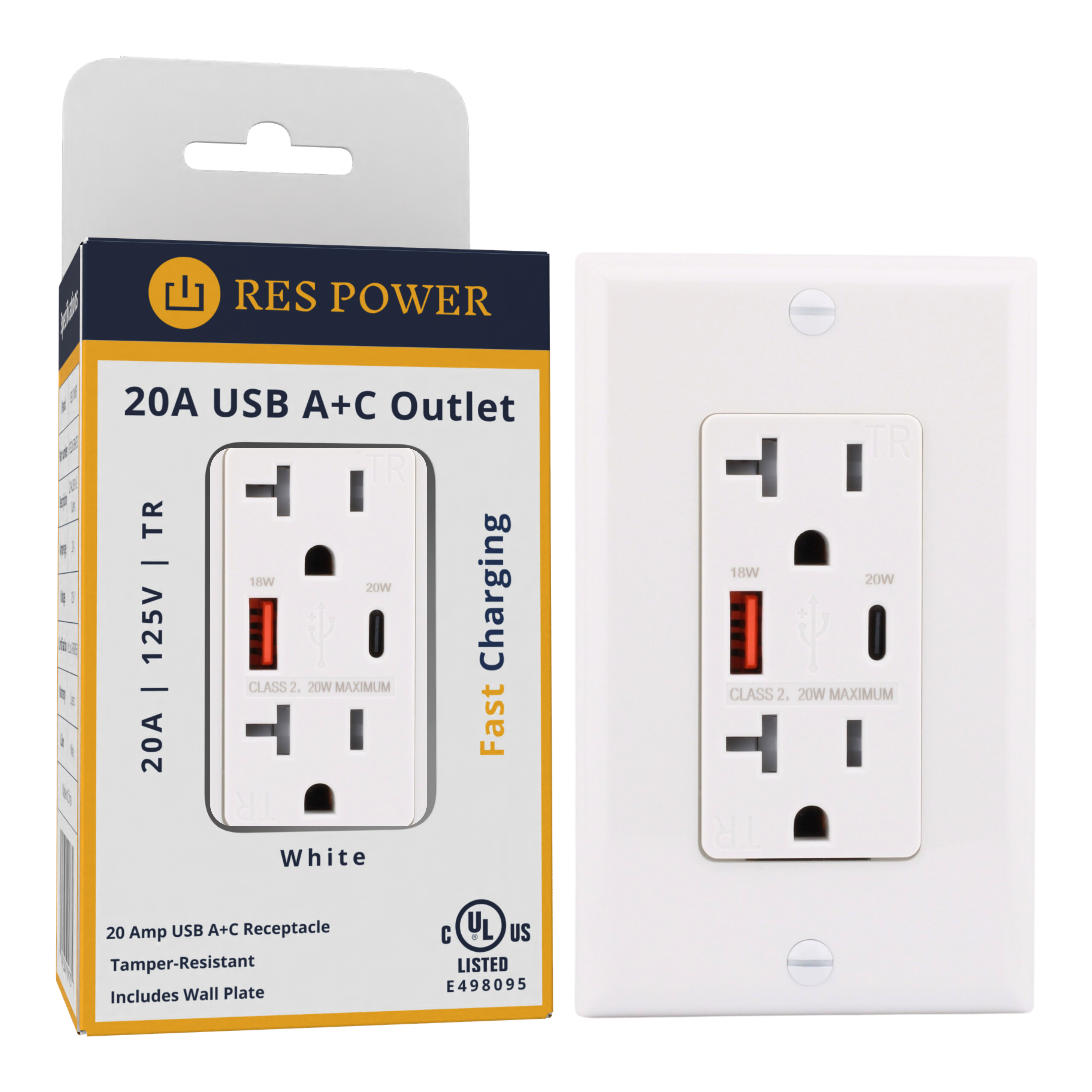 RES POWER 20A USB Outlet, Fast Charging, Type A/C, Tamper-Resistant, cULus Listed, White
