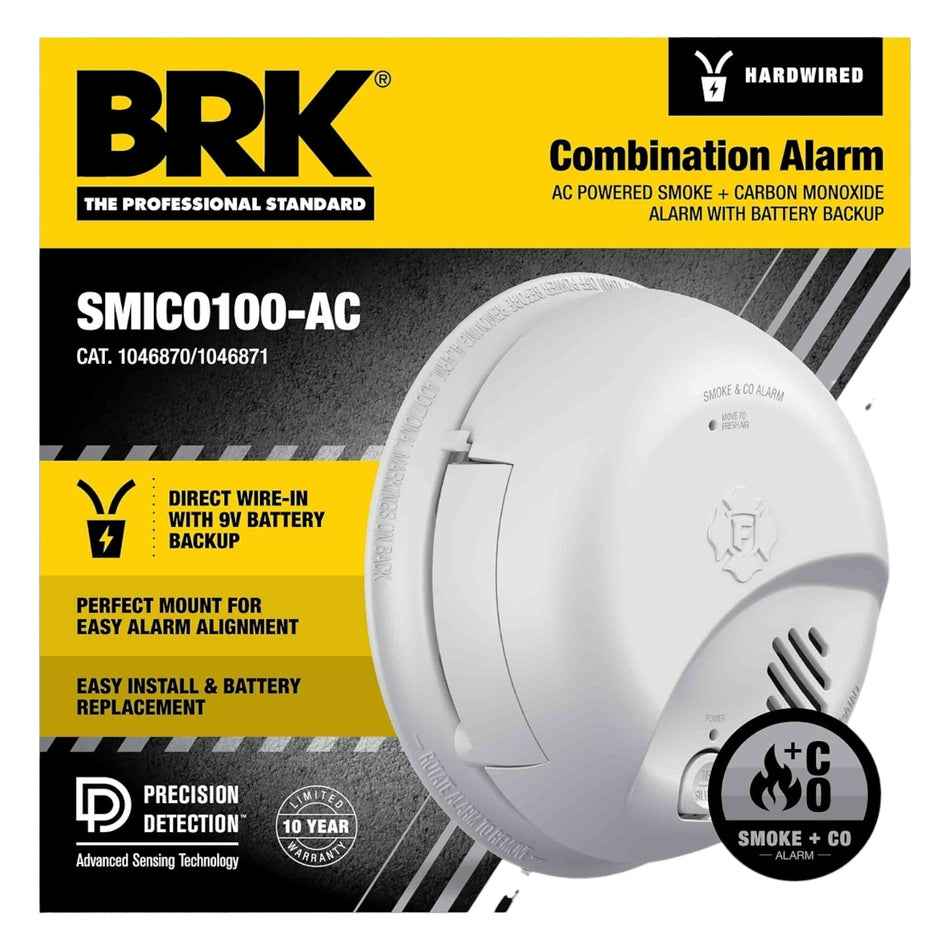 BRK 6-PACK SMICO100-AC, 120V AC/DC, Hardwired Smoke & Carbon Monoxide Alarm, Ionization/Electrochemical Sensor, 9V Battery Backup, White - Image 2