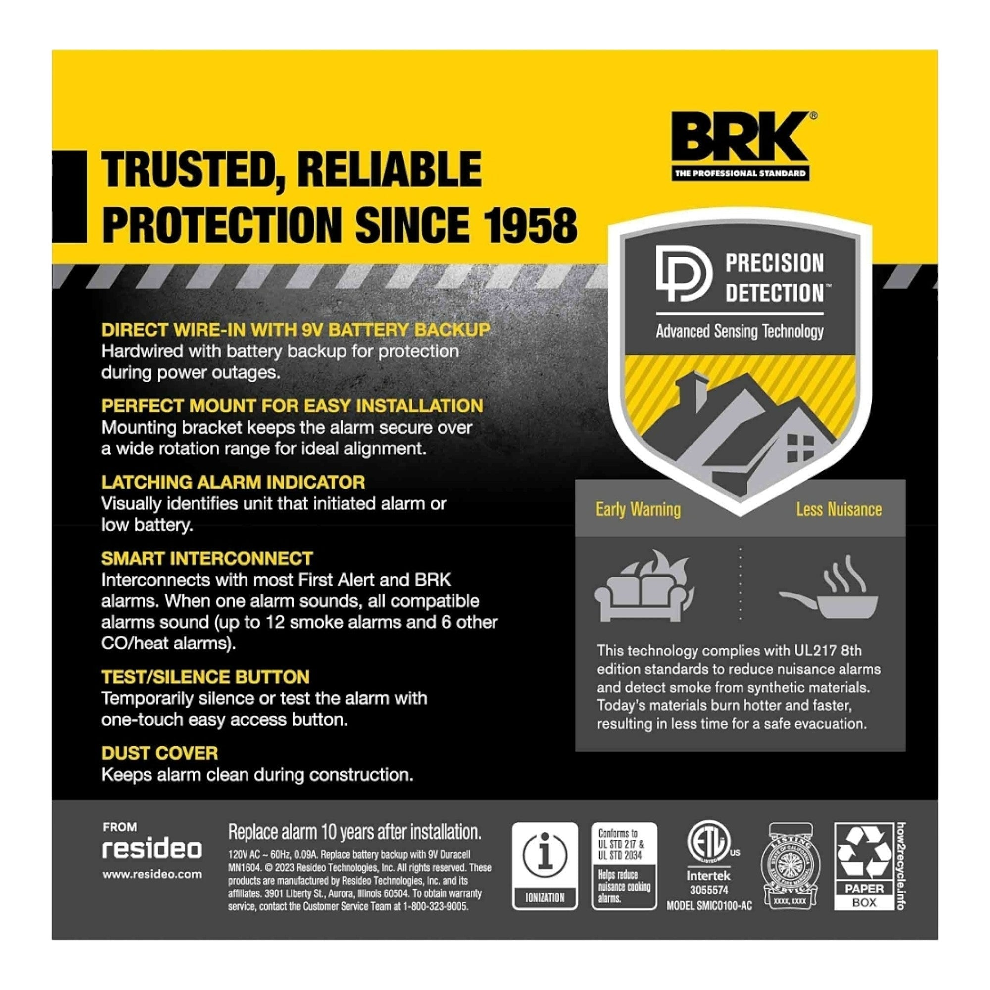 BRK 6-PACK SMICO100-AC, 120V AC/DC, Hardwired Smoke & Carbon Monoxide Alarm, Ionization/Electrochemical Sensor, 9V Battery Backup, White - Image 3