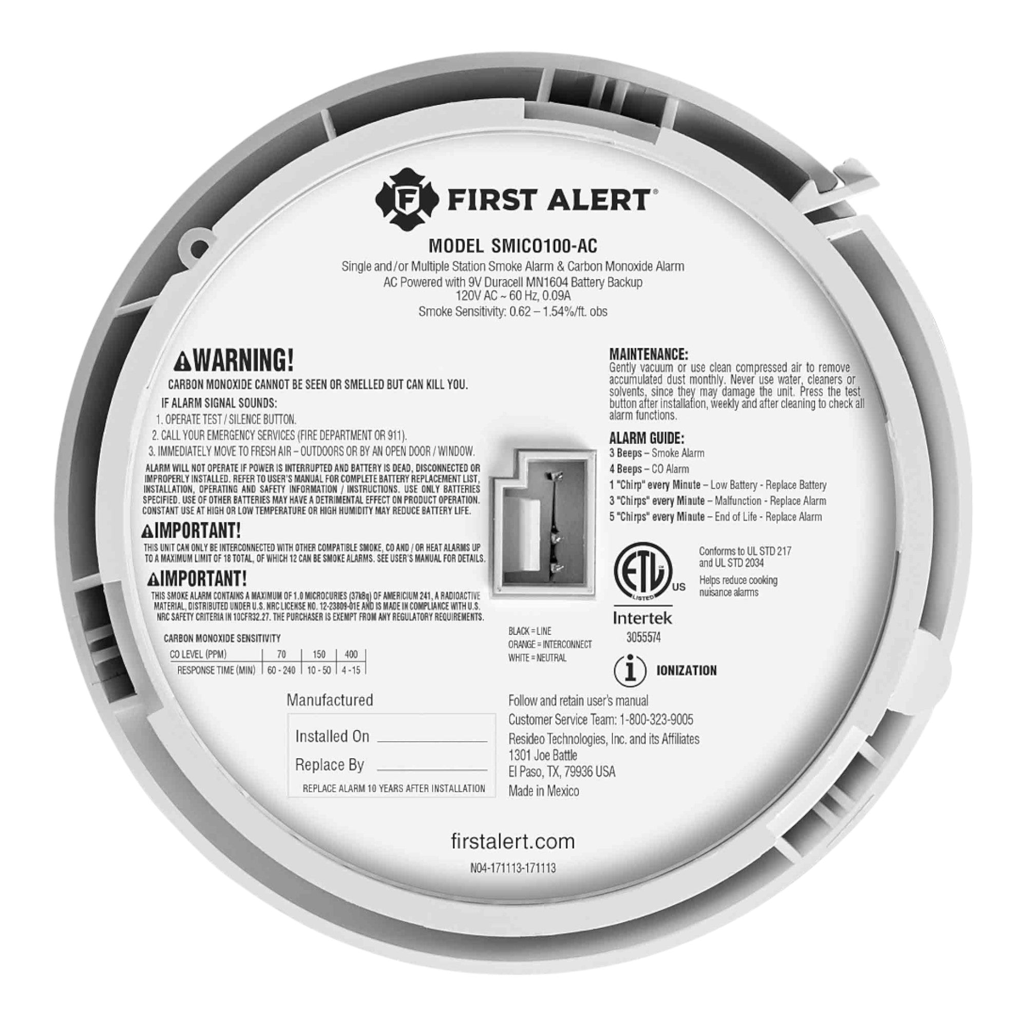 BRK 6-PACK SMICO100-AC, 120V AC/DC, Hardwired Smoke & Carbon Monoxide Alarm, Ionization/Electrochemical Sensor, 9V Battery Backup, White - Image 6