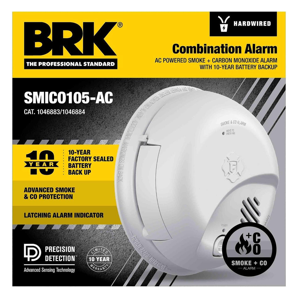 BRK SMICO105-AC, Hardwired Smoke & CO Alarm with 10-Year Battery Backup, Electrochemical and Ionization Sensors