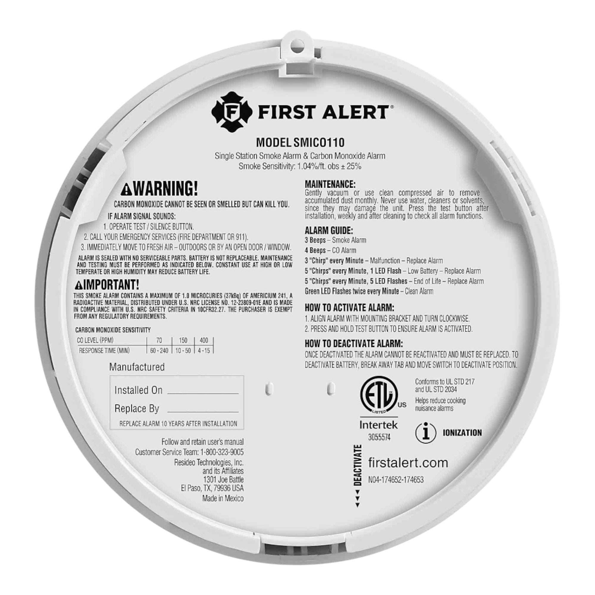 BRK SMICO110, 10-Year Battery 2-in-1 Smoke & Carbon Monoxide Alarm, Ionization Sensor, 85dB, Test/Silence Button. - Image 6