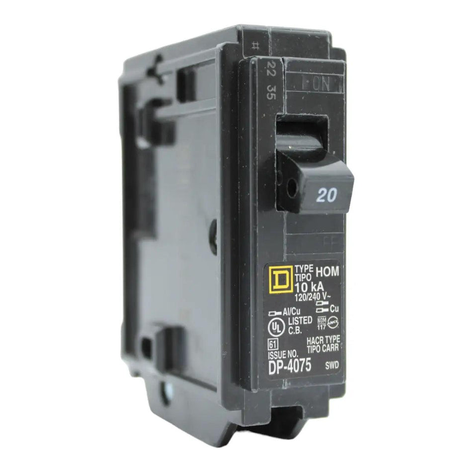 Square D HOM120, 20A, 120/240V, 1-Pole, 10kA, Standard Miniature Circuit Breaker, Plug-In, for Homeline Panels