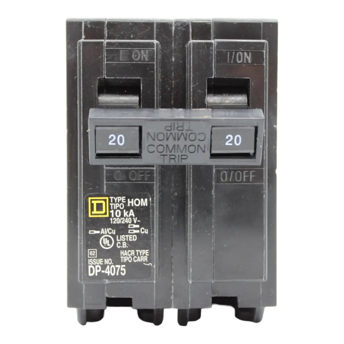 Square D HOM220, 20A, 120/240V, 2-Pole, 10kA, Standard Circuit Breaker, Plug-In, for Homeline Load Centers - Image 2