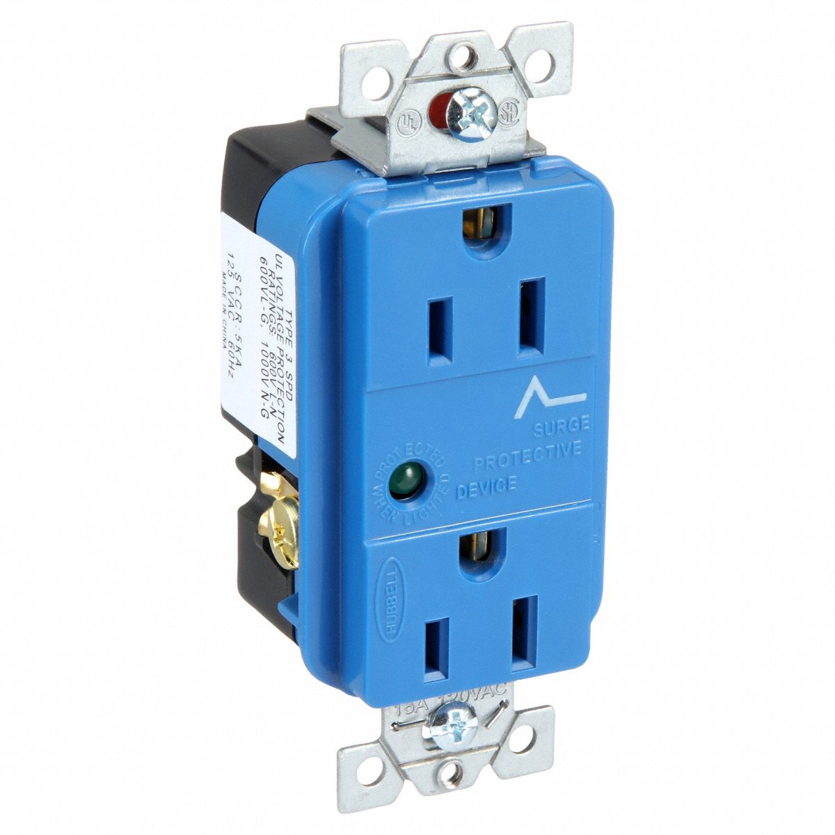 Hubbell HBL5260SA blue 15A 125V surge-protective duplex receptacle front view