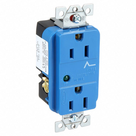Hubbell HBL5260SA blue 15A 125V surge-protective duplex receptacle front view