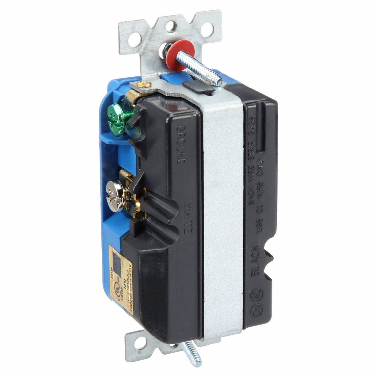 Hubbell HBL5260SA surge-protective receptacle rear and screw-terminal view